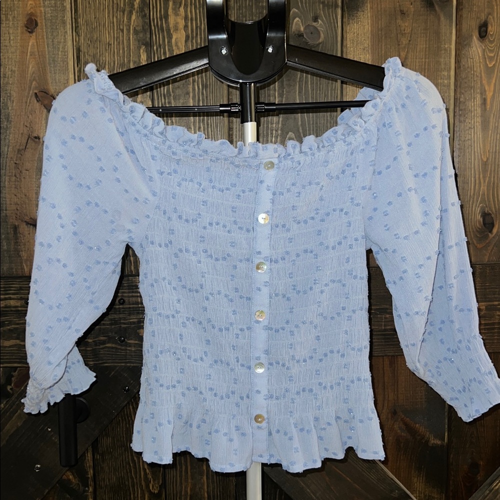 Charmed Hearts Smocked Sequin Ruffle Crop Top S Blue Coquette‎ Y2K Fairy Flirty